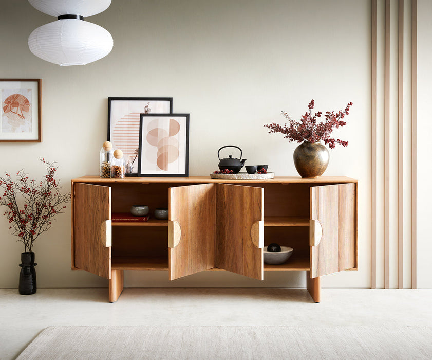 Sideboard Surimu 175cm Acacia Wood Light Brown 4 Doors 2 Compartments Cork Handle