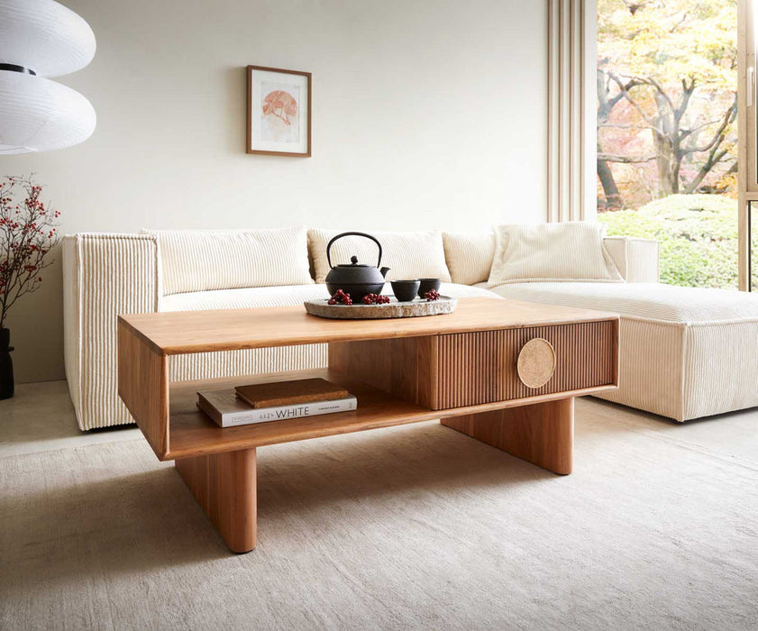 Coffee Table Surimu 115x60cm Acacia Wood Light Brown 2 Drawers Cork Handle
