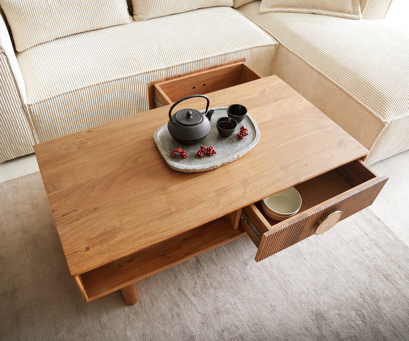 Coffee Table Surimu 115x60cm Acacia Wood Light Brown 2 Drawers Cork Handle
