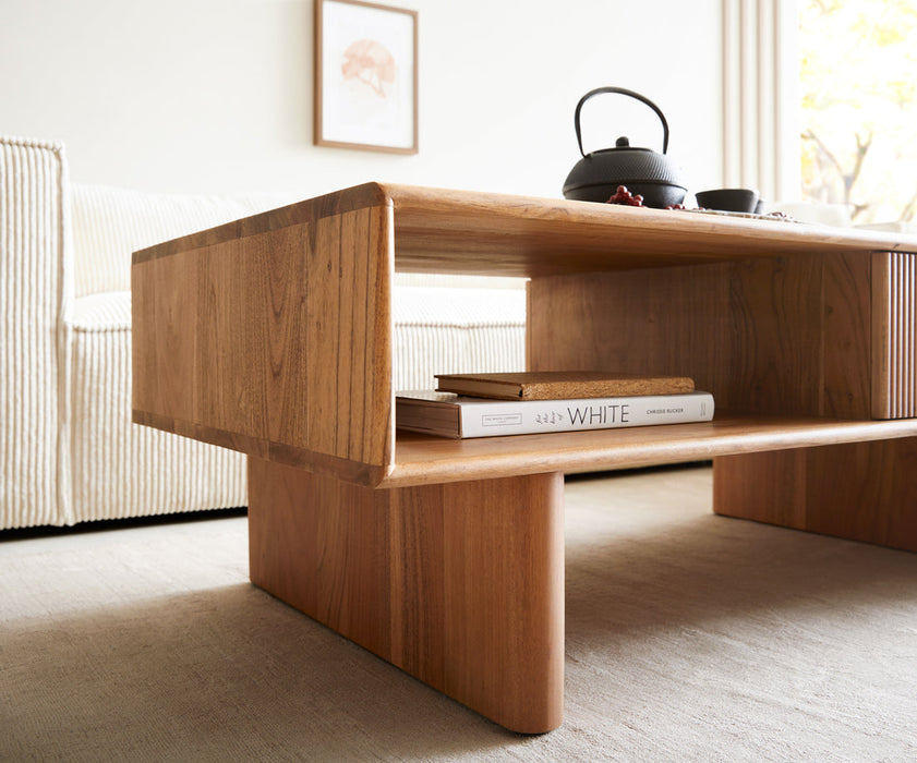 Coffee Table Surimu 115x60cm Acacia Wood Light Brown 2 Drawers Cork Handle