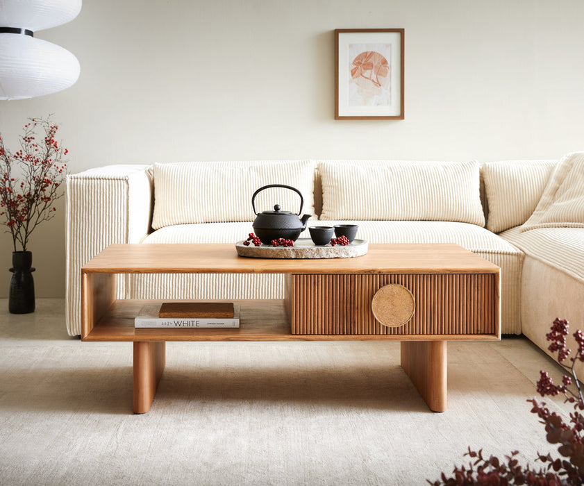 Coffee Table Surimu 115x60cm Acacia Wood Light Brown 2 Drawers Cork Handle