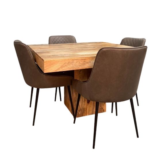 Acre & Artisan Light Mango Wood 120Cm Cube Dining Table 4 Henley Faux Leather Dining Chairs