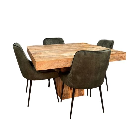 Acre & Artisan Light Mango Wood 120Cm Cube Dining Table 4 Henley Velvet Dining Chairs