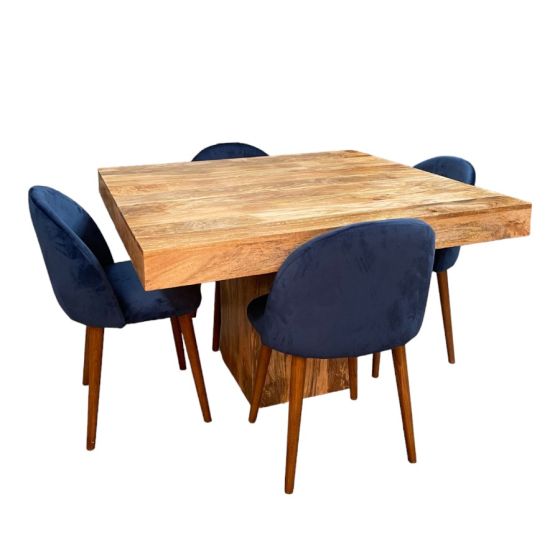 Acre & Artisan Light Solid Wood 120Cm Cube Dining Table 4 Zena Velvet Dining Chairs
