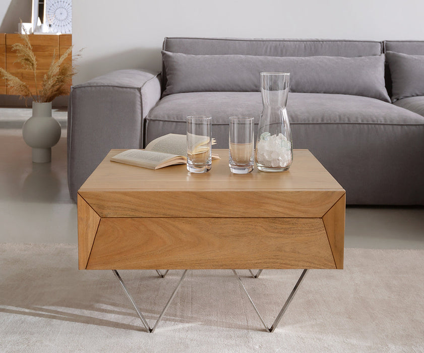 Coffee Table Kayu 60x60cm 2 Drawers Acacia Wood Natural V-Feet Silver