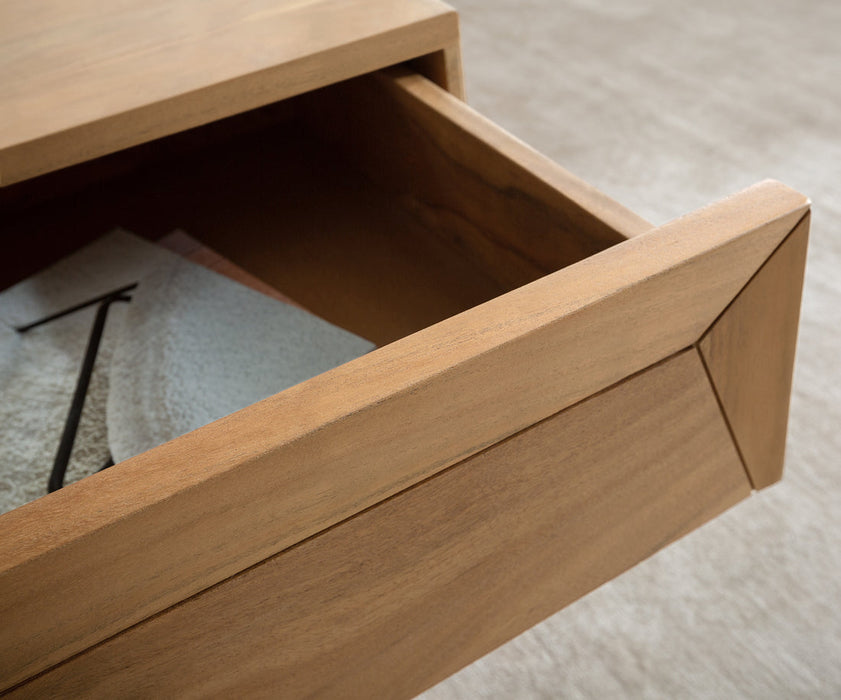 Coffee Table Kayu 115x60cm 2 Drawers 1 Compartment Acacia Wood Natural V-Feet Silver