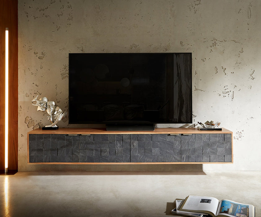 Floating TV Stand Teele 200cm Acacia Wood Natural And Slate 4 Doors