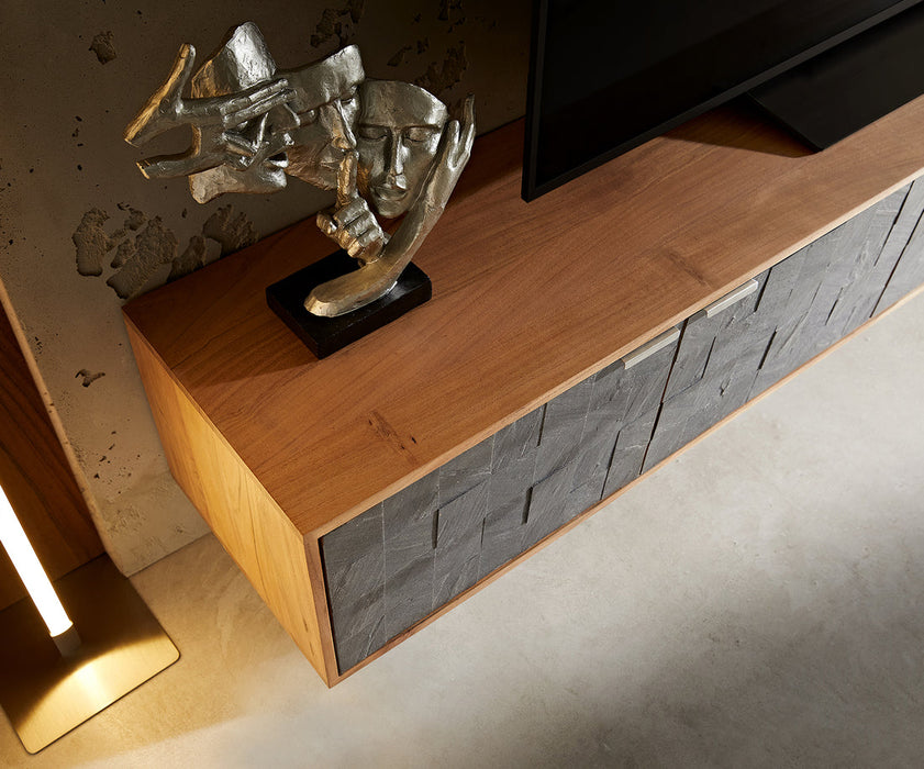 Floating TV Stand Teele 200cm Acacia Wood Natural And Slate 4 Doors