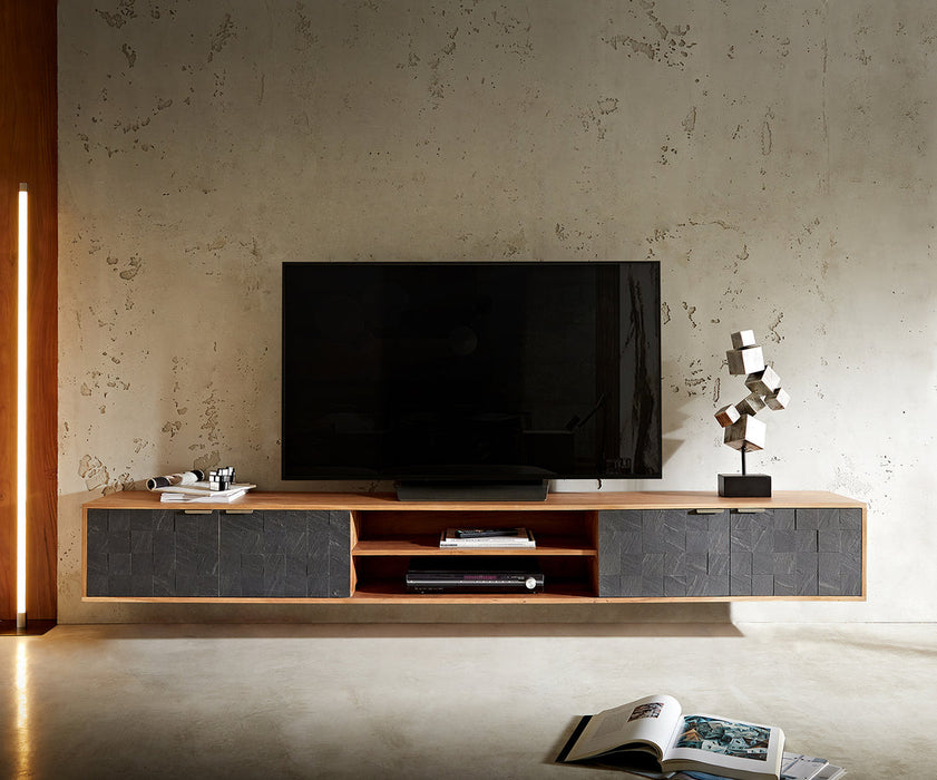 Floating TV Stand Teele 240cm Acacia Wood Natural And Slate 4 Doors