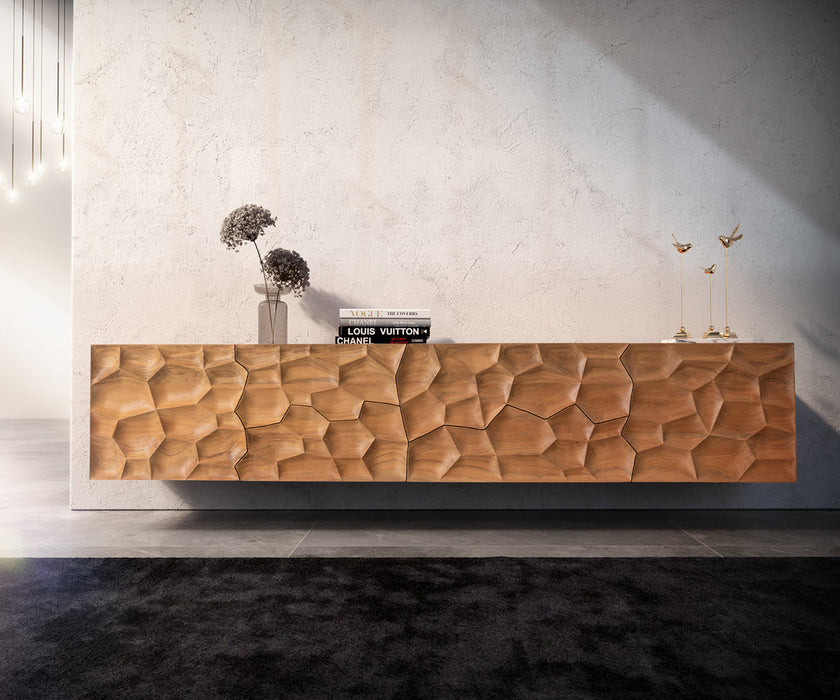 Floating TV Stand Solu 220cm Acacia Wood Natural 2 Doors 4 Drawers 3D Front