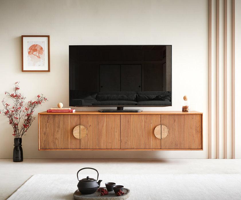 Floating TV Stand Surimu 175cm Acacia Wood Light Brown 4 Doors Cork Handle