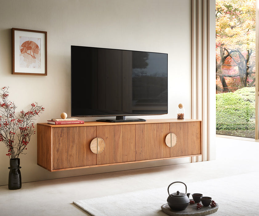 Floating TV Stand Surimu 175cm Acacia Wood Light Brown 4 Doors Cork Handle