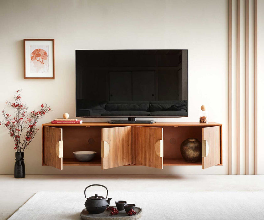 Floating TV Stand Surimu 175cm Acacia Wood Light Brown 4 Doors Cork Handle