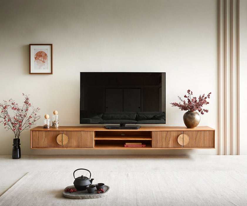 Floating TV Stand Surimu 240cm Acacia Wood Light Brown 4 Doors 2 Compartments Cork Handle