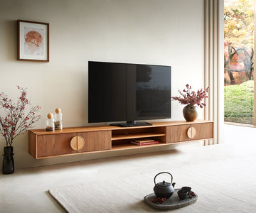 Floating TV Stand Surimu 240cm Acacia Wood Light Brown 4 Doors 2 Compartments Cork Handle
