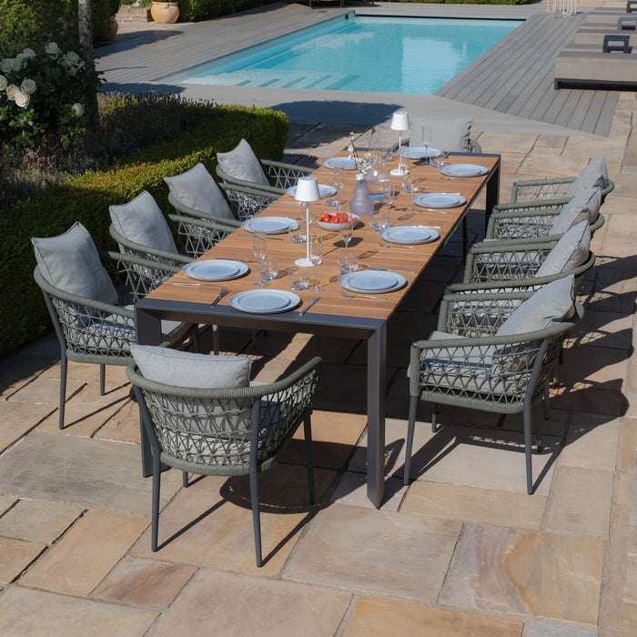 Jakarta Teak Extending 6 - 10 Seat Rectangular Dining Table with 10 Monaco Ivy Green Rope Weave Dining Chairs