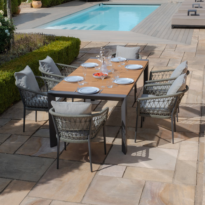 Jakarta Teak Extending 6 - 10 Seat Rectangular Dining Table with 10 Monaco Ivy Green Rope Weave Dining Chairs
