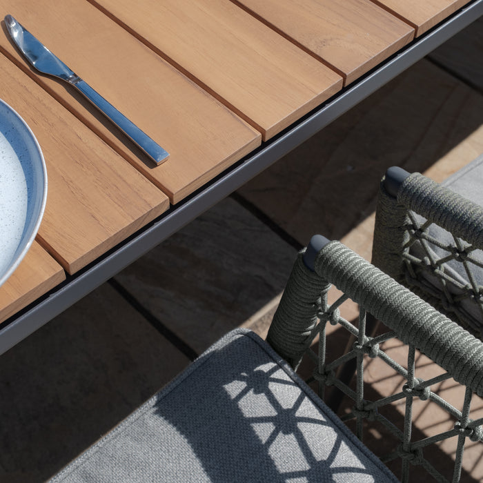 Jakarta Teak Extending 6 - 10 Seat Rectangular Dining Table with 10 Monaco Ivy Green Rope Weave Dining Chairs