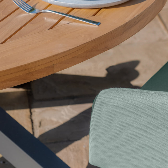 Jakarta Teak Round Dining Table with 6 Ambition Sage Green Dining Chairs