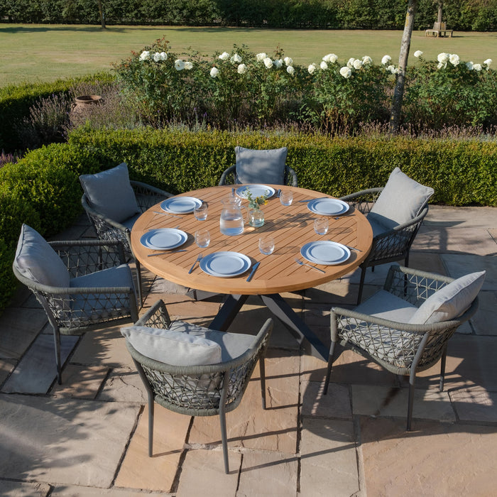 Jakarta Teak Round Dining Table with 6 Monaco Ivy Green Rope Weave Dining Chairs
