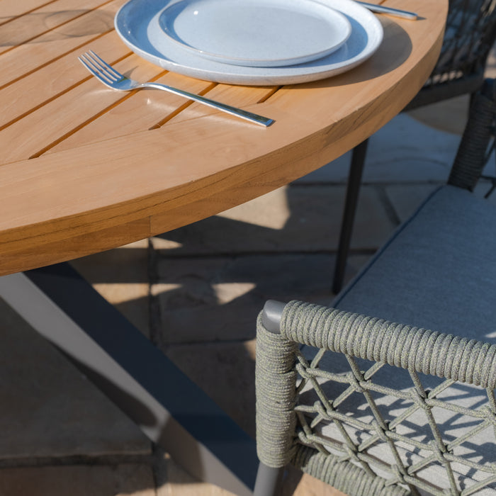 Jakarta Teak Round Dining Table with 6 Monaco Ivy Green Rope Weave Dining Chairs