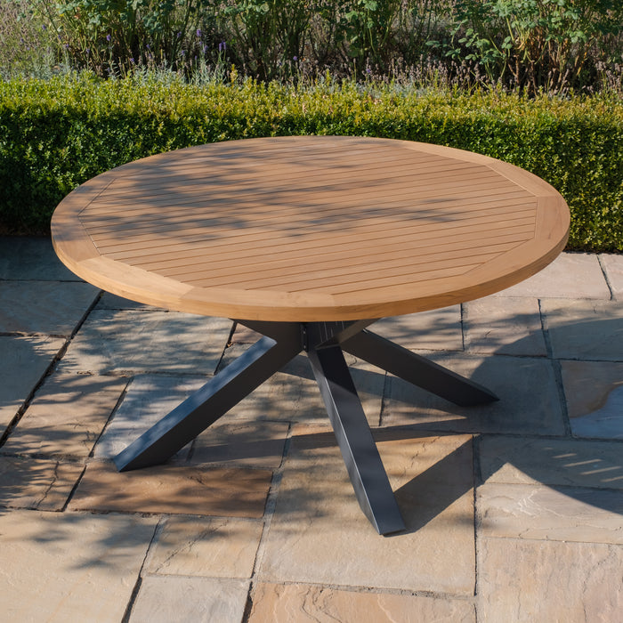 Jakarta Teak Round Dining Table with 6 Monaco Ivy Green Rope Weave Dining Chairs