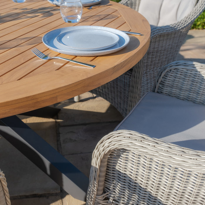 Jakarta Teak Round Dining Table with 6 Rattan Oxford Hertiage Rattan Dining Chairs