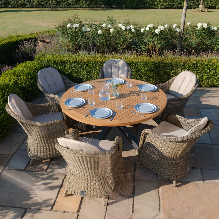 Jakarta Teak Round Dining Table with 6 Rattan Winchester Heritage Rattan Dining Chairs