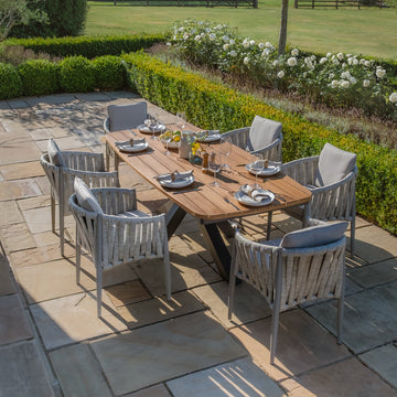 Jakarta Teak Oval Dining Table with 6 Milan Cool Linen Rope Weave Dining Chairs