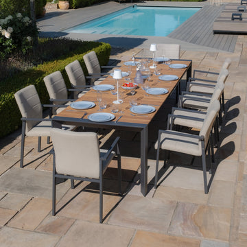 Jakarta Teak Extending 6 - 10 Seat Rectangular Dining Table with 10 Ibiza Oatmeal Dining Chairs