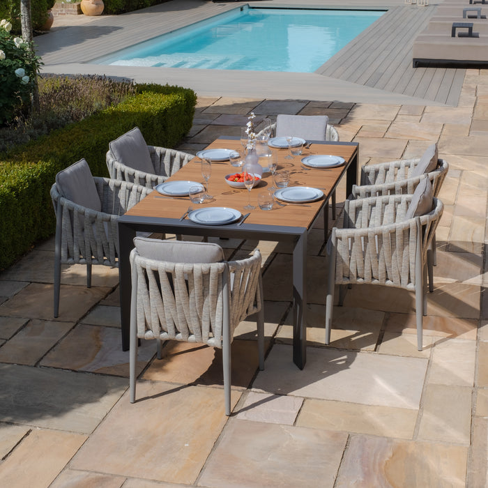 Jakarta Teak Extending 6 - 10 Seat Rectangular Dining Table with 10 Milan Cool Linen Rope Weave Dining Chairs