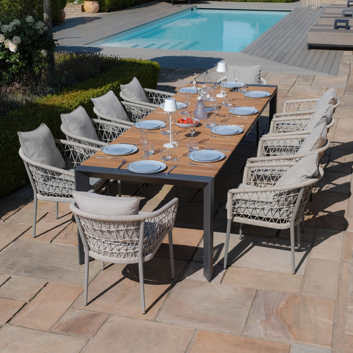 Jakarta Teak Extending 6 - 10 Seat Rectangular Dining Table with 10 Monaco Cool Linen Rope Weave Dining Chairs