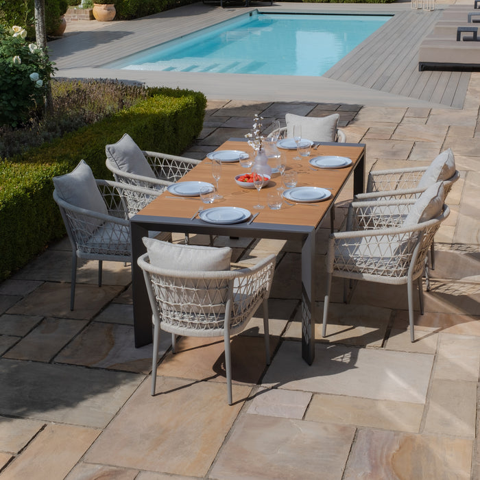 Jakarta Teak Extending 6 - 10 Seat Rectangular Dining Table with 10 Monaco Cool Linen Rope Weave Dining Chairs