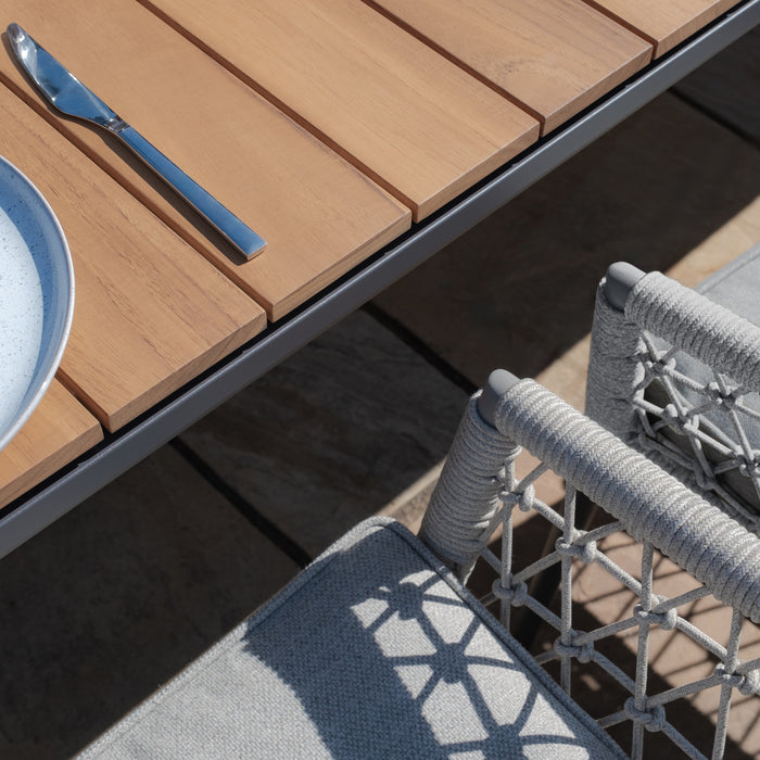 Jakarta Teak Extending 6 - 10 Seat Rectangular Dining Table with 10 Monaco Cool Linen Rope Weave Dining Chairs