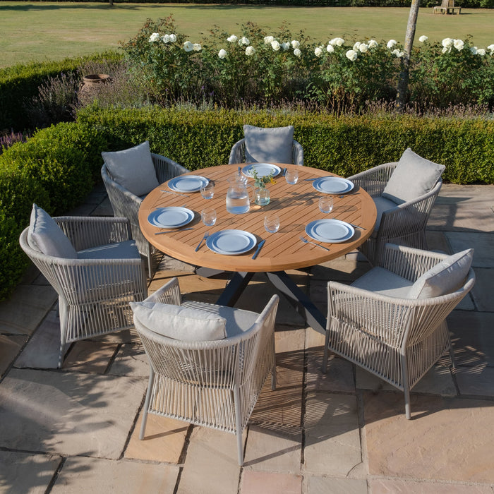 Jakarta Teak Round Dining Table with 6 Maldives Rope Weave Dining Chairs