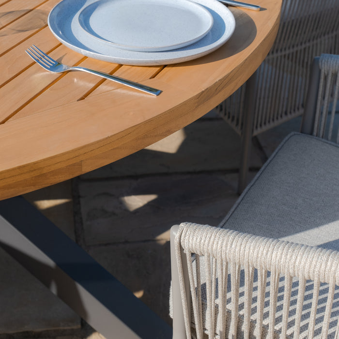 Jakarta Teak Round Dining Table with 6 Maldives Rope Weave Dining Chairs