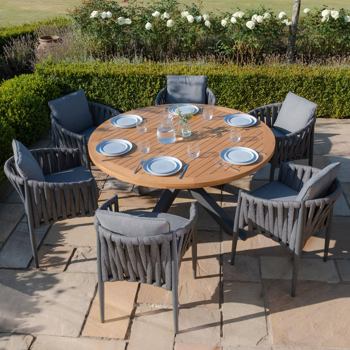Jakarta Teak Round Dining Table with 6 Milan Charcoal Rope Weave Dining Chairs