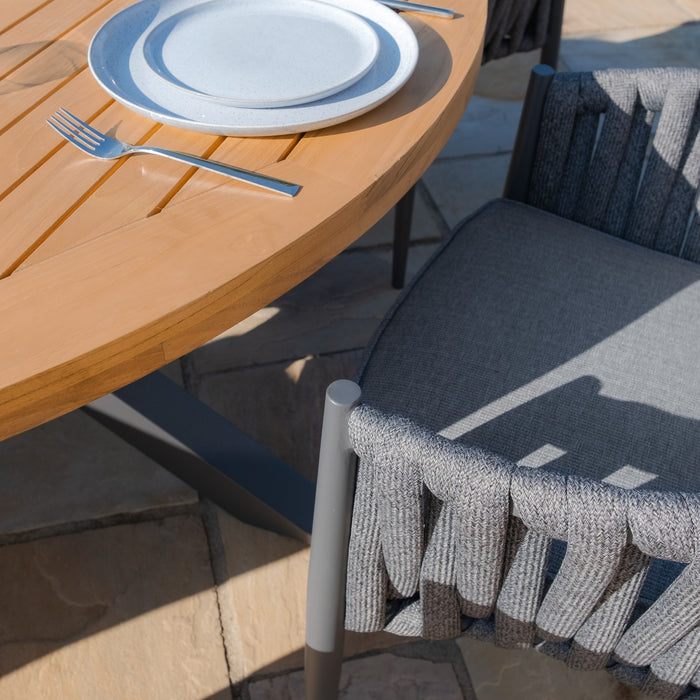 Jakarta Teak Round Dining Table with 6 Milan Charcoal Rope Weave Dining Chairs