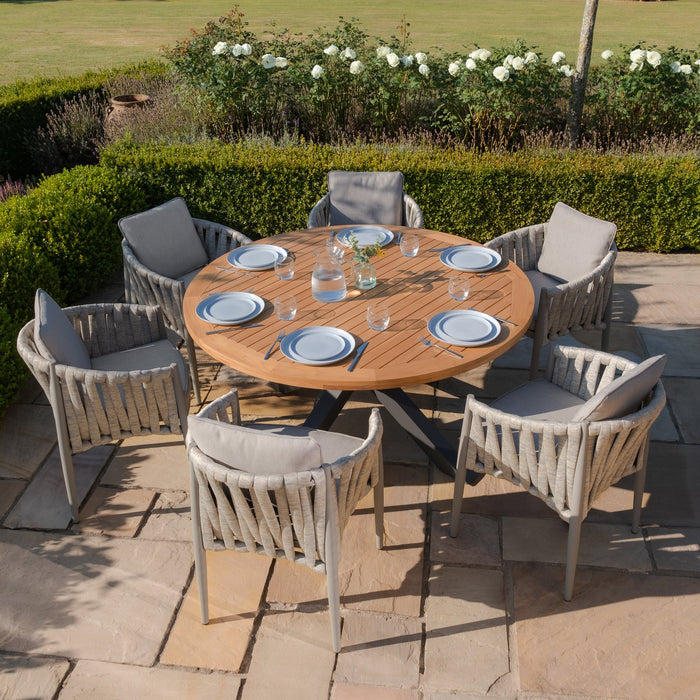 Jakarta Teak Round Dining Table with 6 Milan Cool Linen Rope Weave Dining Chairs