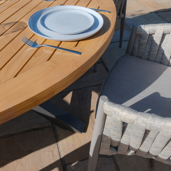 Jakarta Teak Round Dining Table with 6 Milan Cool Linen Rope Weave Dining Chairs