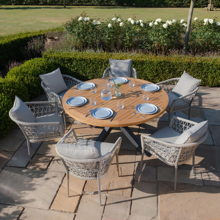 Jakarta Teak Round Dining Table with 6 Monaco Cool Linen Rope Weave Dining Chairs