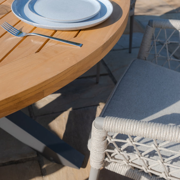 Jakarta Teak Round Dining Table with 6 Monaco Cool Linen Rope Weave Dining Chairs