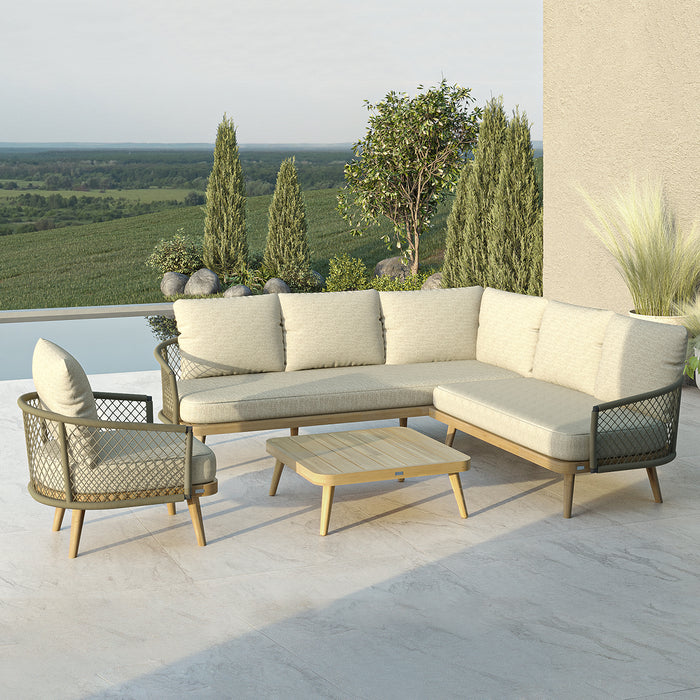 Bali Rope Weave Corner Sofa Set & Armchair with Large Square Coffee Table