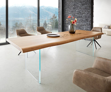 Dining Table Olympus Live Edge 260cm Acacia Wood Natural Glass Frame 55mm Top