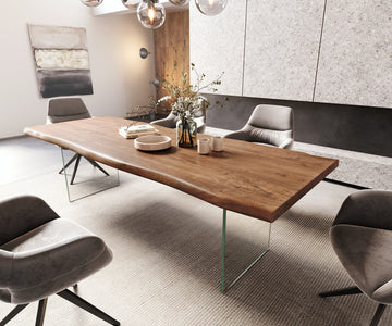 Dining Table Olympus Live Edge 260cm Acacia Wood Brown Glass Frame 55mm Top