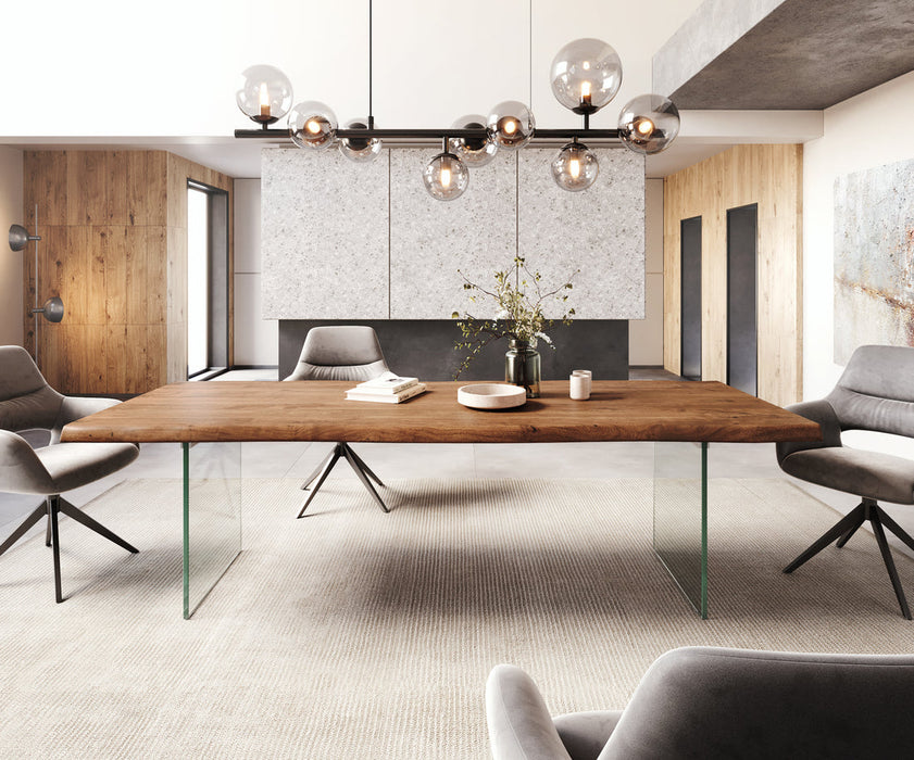 Dining Table Olympus Live Edge 260cm Acacia Wood Brown Glass Frame 55mm Top