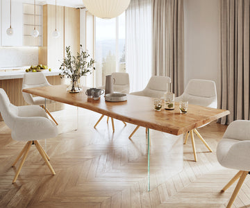 Dining Table Olympus Live Edge 300cm Acacia Wood Natural Glass Frame 55mm Top