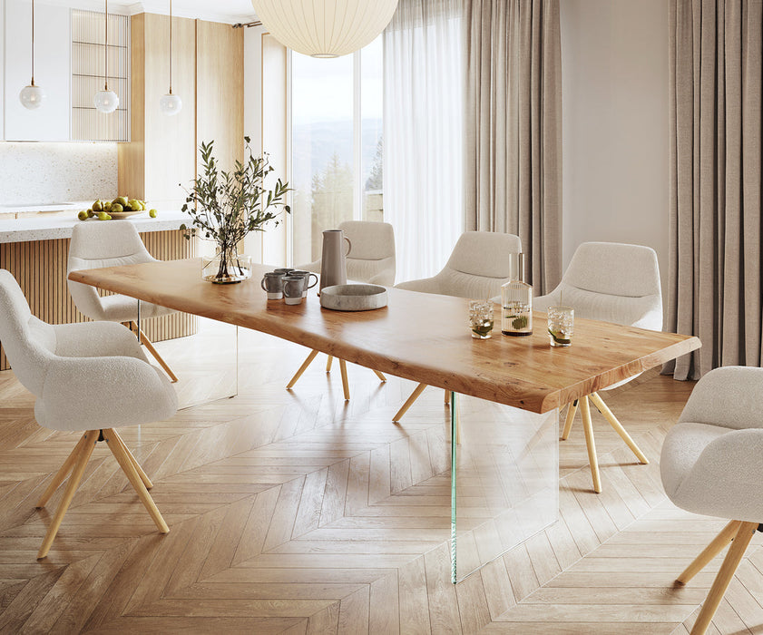 Dining Table Olympus Live Edge 300cm Acacia Wood Natural Glass Frame 55mm Top