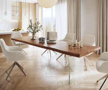 Dining Table Olympus Live Edge 300cm Acacia Wood Brown Glass Frame 55mm Top