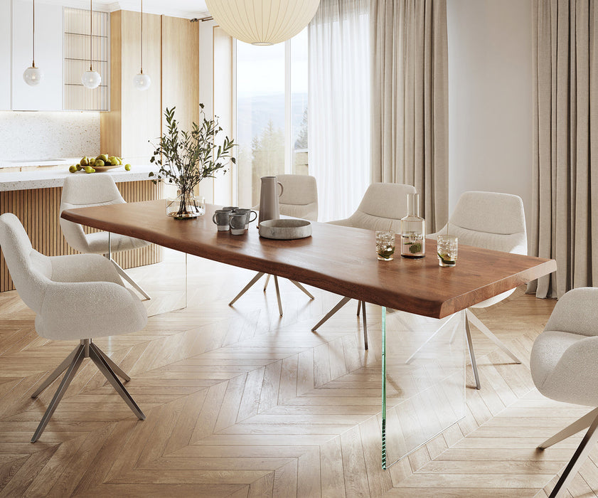 Dining Table Olympus Live Edge 300cm Acacia Wood Brown Glass Frame 55mm Top